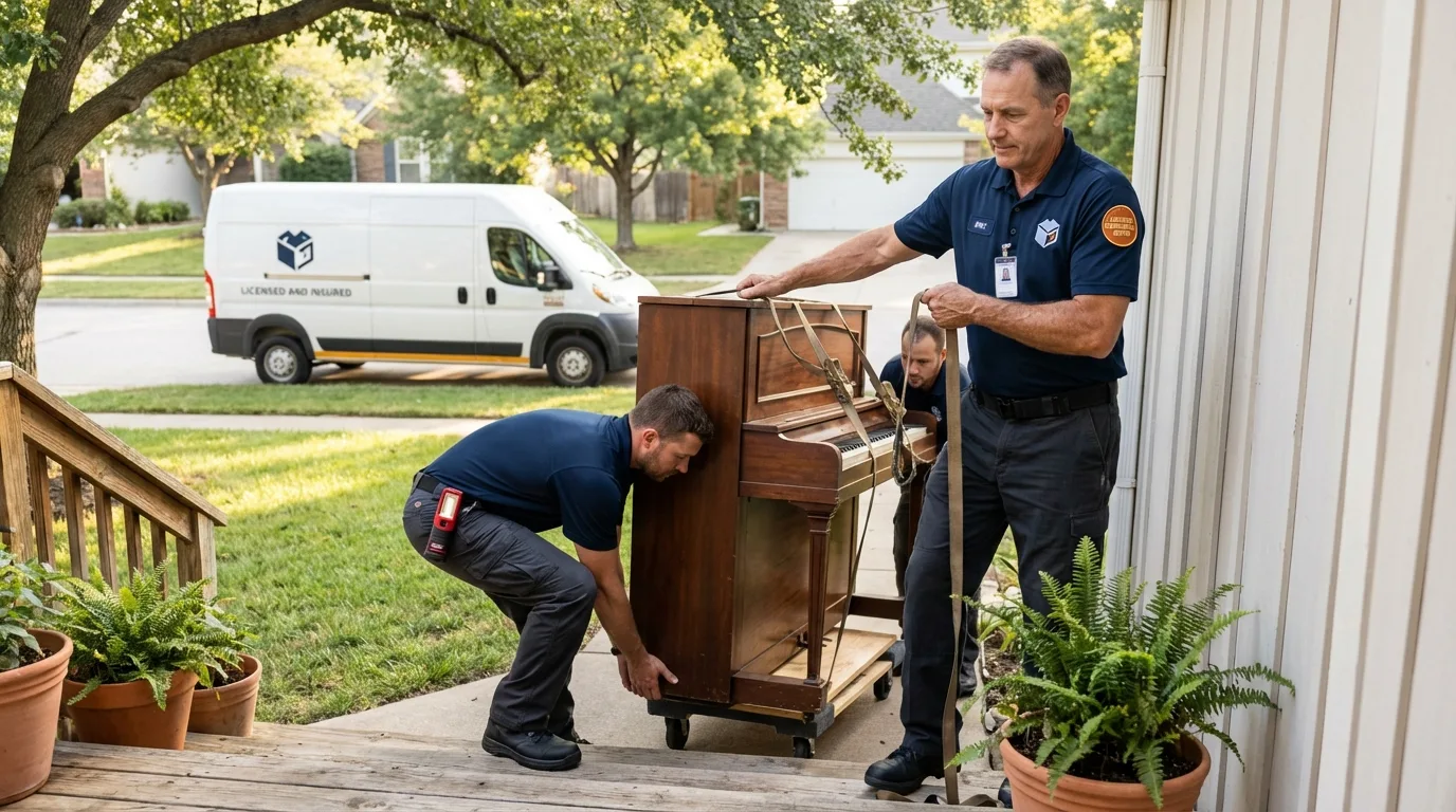 Licensed piano movers securing grand piano in Lakeview, MI