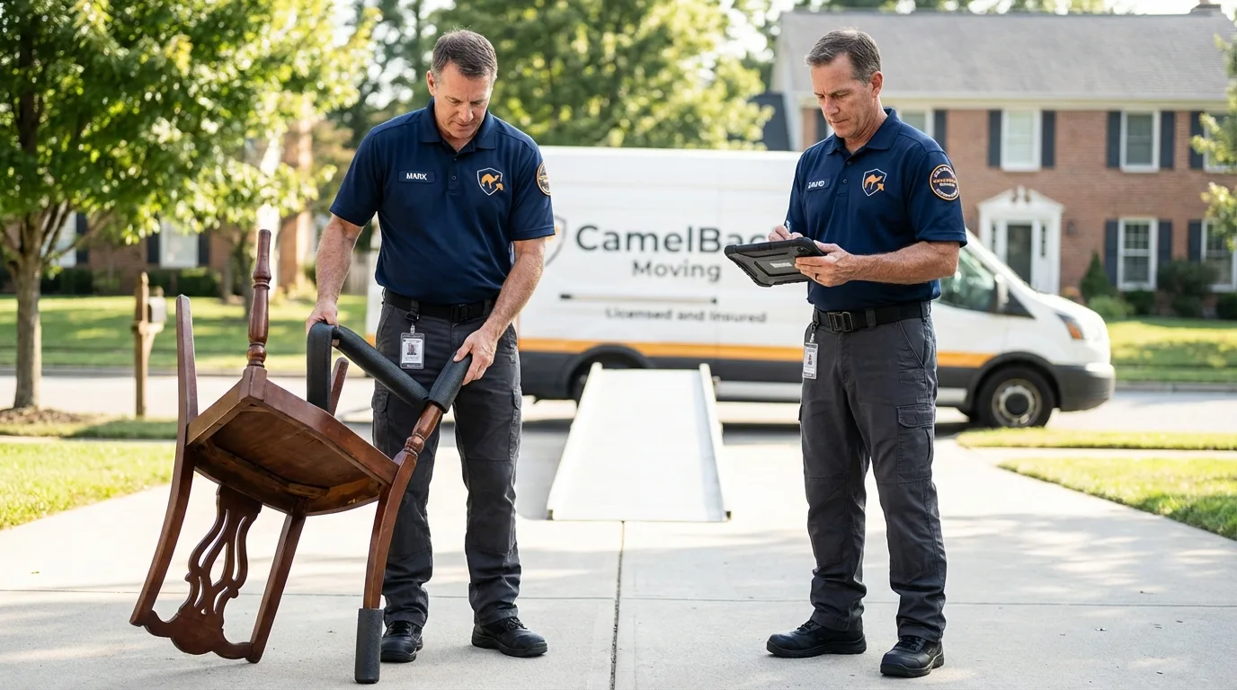 Movers inspecting furniture for damage prevention before loading in Lakeview, MI